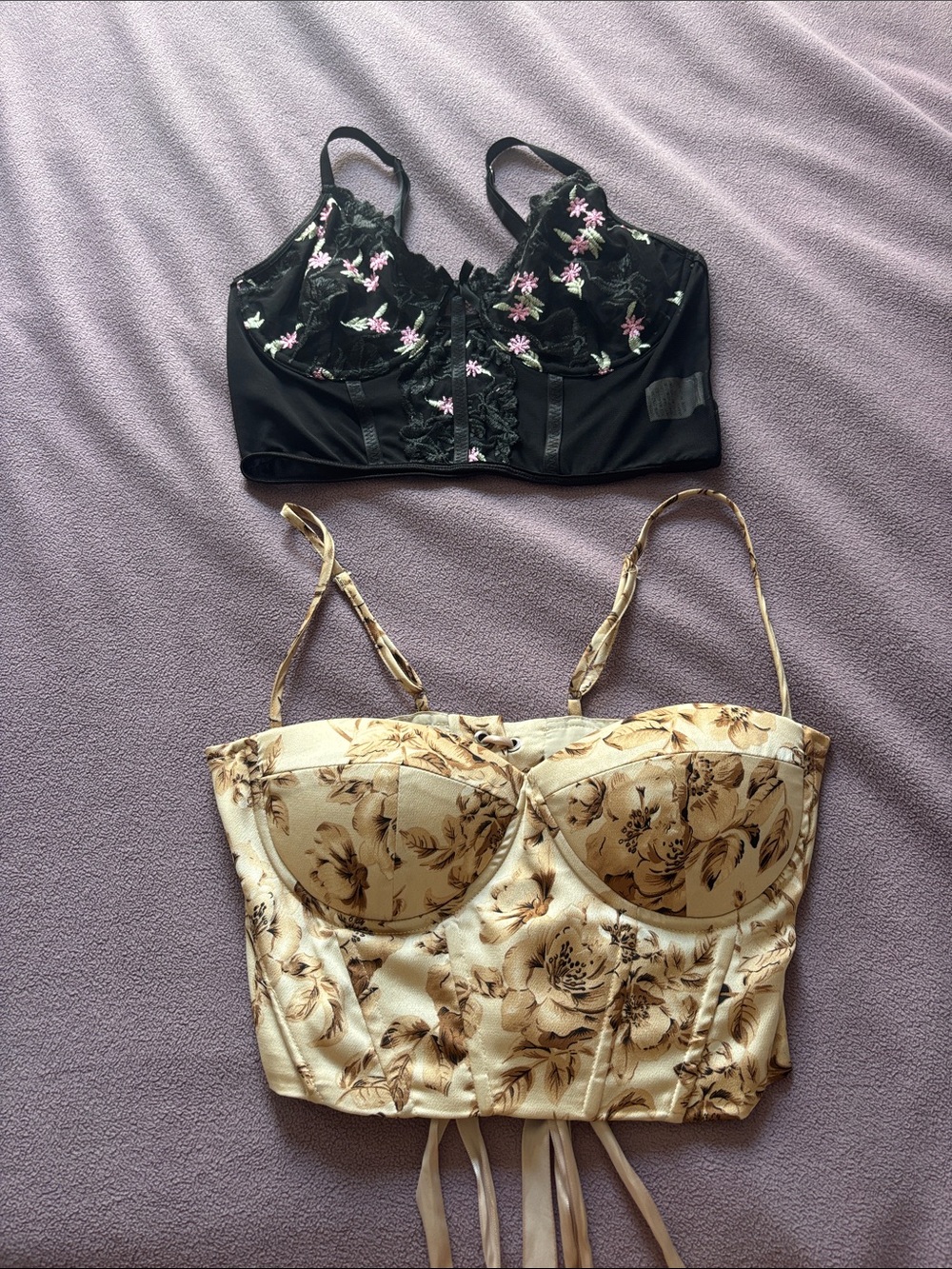 Floral Longline Bustier Bra — Black with Pink Embroidery